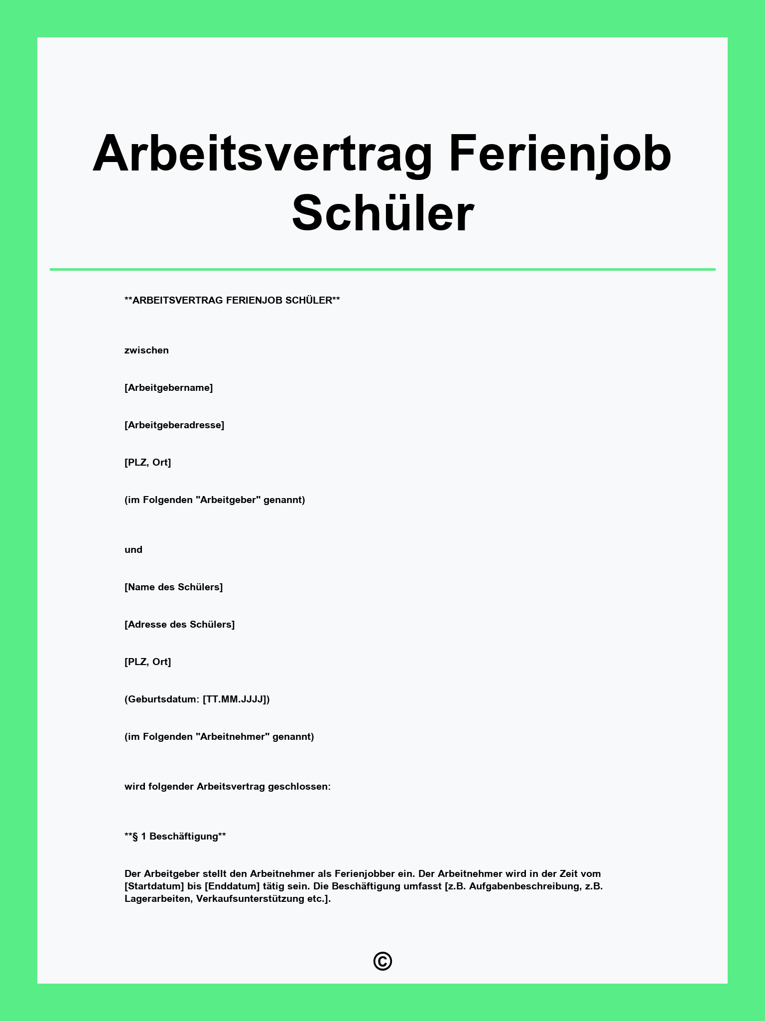 Arbeitsvertrag Ferienjob Schüler