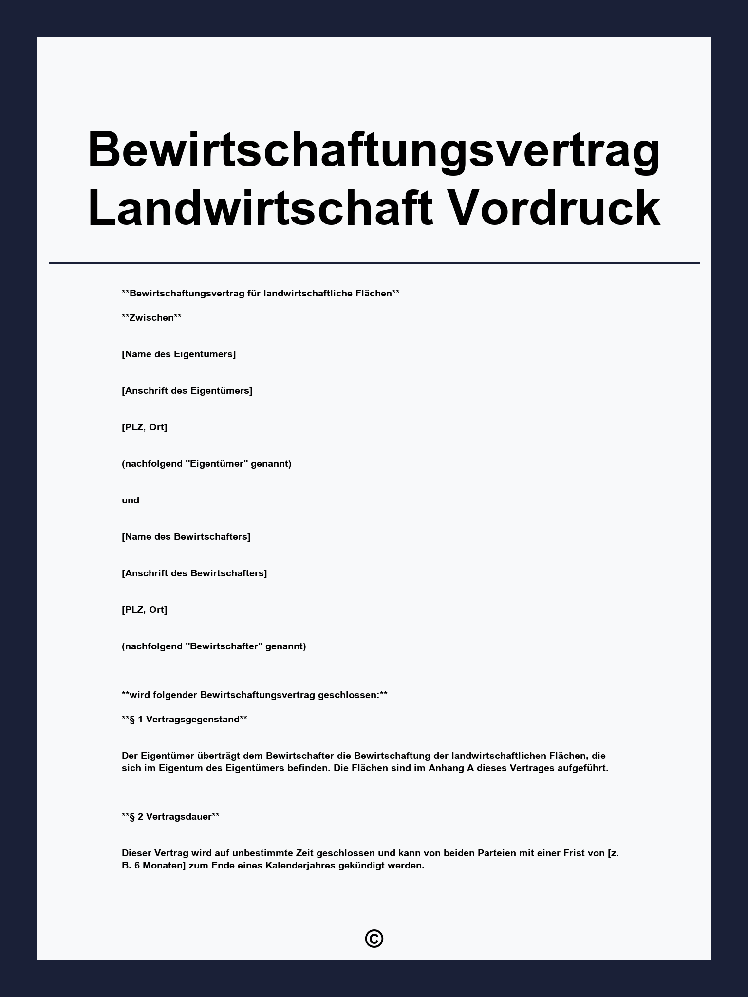 Bewirtschaftungsvertrag Landwirtschaft Vordruck