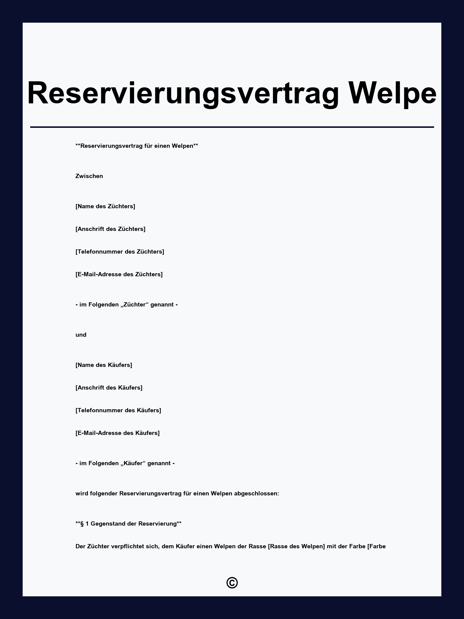 Reservierungsvertrag Welpe