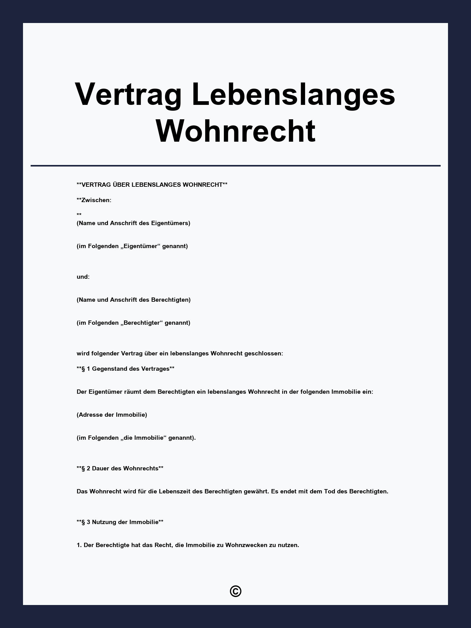 Vertrag Lebenslanges Wohnrecht